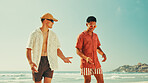 Smile, friends and talking on beach outdoor for summer vacation, travel reunion and hangout discussion. People, explain and sunglasses for tropical holiday, bonding together and sea tourism on island