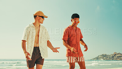 Buy stock photo Smile, friends and talking on beach outdoor for summer vacation, travel reunion and hangout discussion. People, explain and sunglasses for tropical holiday, bonding together and sea tourism on island