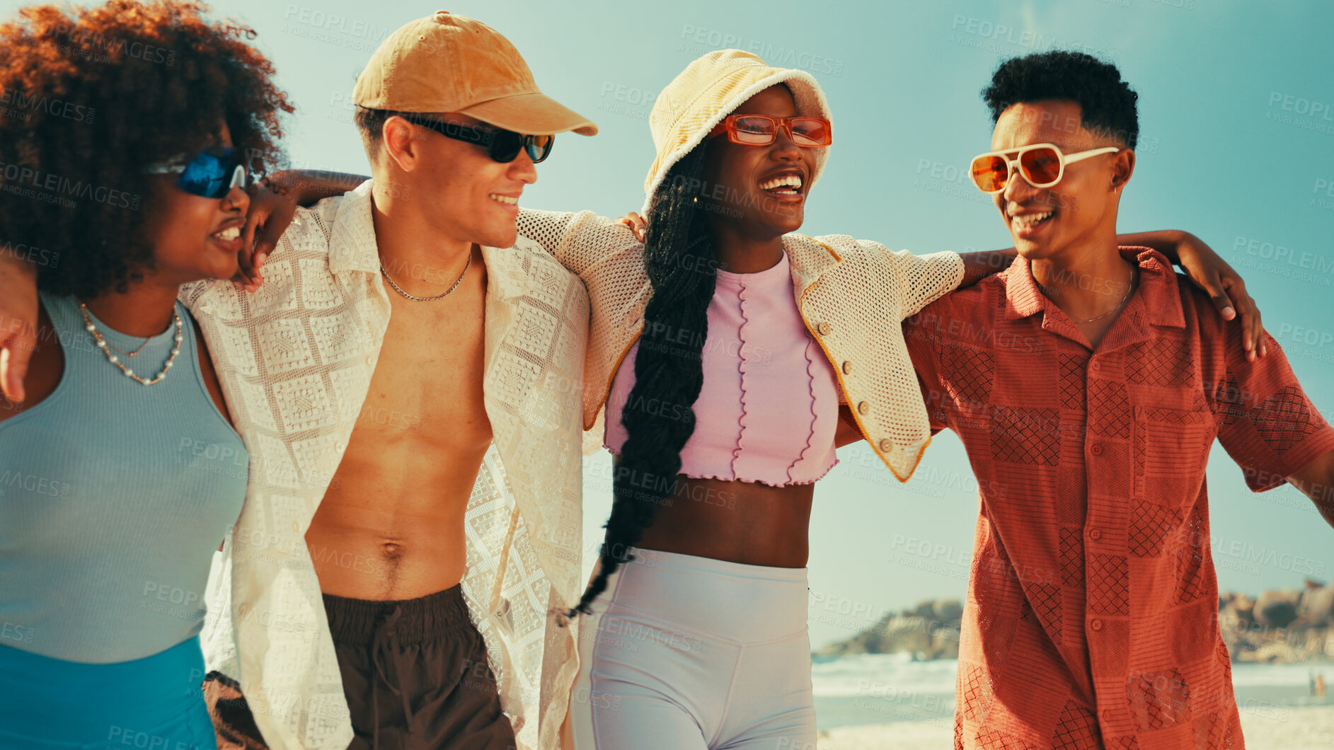 Buy stock photo Happy, walking and friends hug on beach for summer vacation, holiday and adventure together. Nature, travel and men and women by ocean or sea for bonding, relax and laughing on weekend outdoor