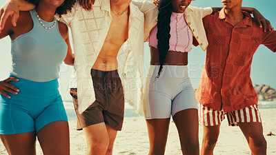 Buy stock photo Happy, fashion and friends hug on beach for summer vacation, holiday and adventure together. Nature, travel and men and women by ocean in style for bonding, relax and laughing on weekend outdoors