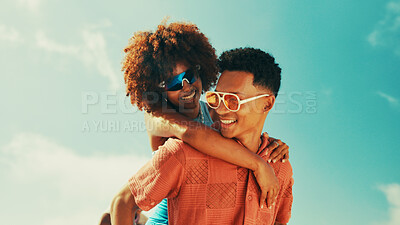 Buy stock photo Happy, piggy back and couple on blue sky for bonding, relationship and relax together. Summer fashion, nature and man and woman outdoors for holiday, vacation and adventure on date or anniversary