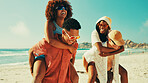 Bonding, couple of friends and piggyback on beach with people outdoor for holiday or vacation. Having fun, laughing or love with group of men and women on coast together for travel or weekend