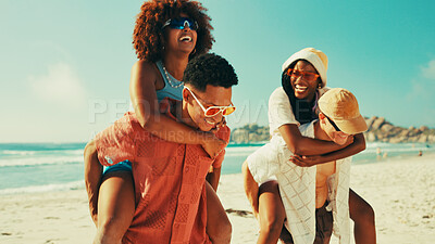 Buy stock photo Bonding, couple of friends and piggyback on beach with people outdoor for holiday or vacation. Having fun, laughing or love with group of men and women on coast together for travel or weekend
