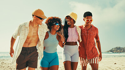 Buy stock photo Happy, laugh and friends hug on beach for summer vacation, holiday and adventure together. Nature, travel and men and women by ocean or sea for bonding, relaxing and laughing on weekend outdoors