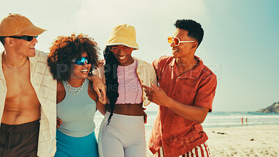 Buy stock photo Happy, laughing and friends hug on beach for summer vacation, holiday and adventure together. Nature, travel and men and women by ocean or sea for bonding, relax and walking on weekend outdoors