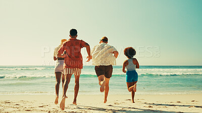 Buy stock photo Friends, back and running at beach, vacation and social in summer, waves and outdoor on adventure. People, group and together on holiday on island, nature and playful in sunshine on getaway by ocean