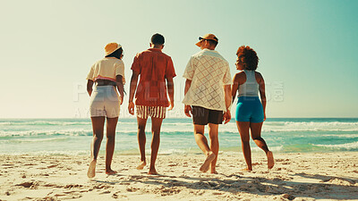 Buy stock photo Happy, walking and back of friends on beach for summer vacation, holiday and adventure together. Nature, travel and men and women by ocean or sea for bonding, relax and laughing on weekend outdoors