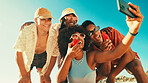Friends, selfie and happy at beach with people, watermelon and excited with post on social network. Women, men and smile with photography, memory or profile picture on vacation with fruit in summer