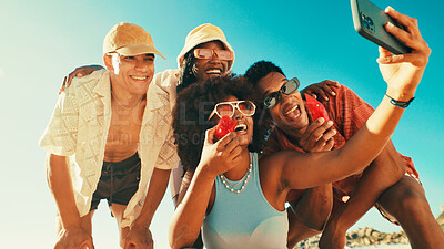 Buy stock photo Friends, selfie and happy at beach with people, watermelon and excited with post on social network. Women, men and smile with photography, memory or profile picture on vacation with fruit in summer