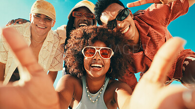 Buy stock photo Smile, selfie and portrait of friends outdoor for social media, summer bonding and adventure. Happy, profile picture post and community with group of people in nature for low angle and diversity