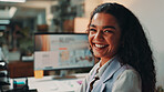 Happy, editor and portrait of business woman on computer for digital magazine, publishing and journalism. Creative office, agency and person online for article, report or research for publication