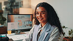 Office, happy and portrait of business woman on computer for digital magazine, publishing and journalism. Creative, media agency and person online for article, report or research for publication