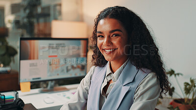 Office, happy and portrait of business woman on computer for digital magazine, publishing and journalism. Creative, media agency and person online for article, report or research for publication