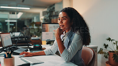 Buy stock photo Thinking, editing and business woman on computer for digital magazine, publishing and journalism. Creative office, media agency and person online for article, report and research for publication