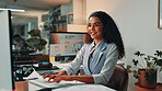 Office, editor and business woman on computer for digital magazine, publishing and journalism. Creative, editorial agency and person on pc for article, report and research for online publication
