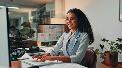 Buy stock photo Office, editor and business woman on computer for digital magazine, publishing and journalism. Creative, editorial agency and person on pc for article, report and research for online publication