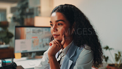 Buy stock photo Office, thinking and business woman on computer for digital magazine, publishing and journalism. Creative, editorial agency and person reading for article, report and research for online publication