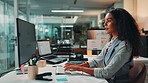 Night, typing and woman with computer, office and journalist with ideas for story, deadline and creative. Business, reporter and person with tech for article, planning and employee with inspiration