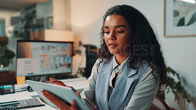 Buy stock photo Tablet, typing and businesswoman in office with networking for online review at magazine agency. Research, digital technology and female editor working on creative project for with journalism career.