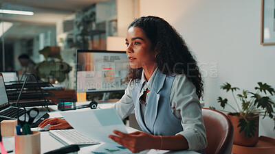 Buy stock photo Business, hand on mouse and woman with paperwork, online reading and review magazine layout. Person, journalist and editor in office, research for article and internet with document, ideas and report