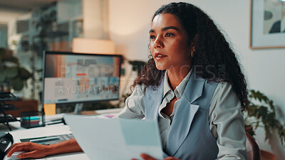 Buy stock photo Business, document and woman in office, online reading and review magazine layout. Person, journalist and editor in workplace, research for article and internet with proposal, email and report