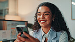 Woman, phone and smile in office for project, admin and review for social media proposal. Person, reading and happy for research, planning and feedback for perspective at creative agency management