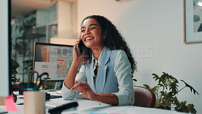 Buy stock photo Feedback, phone call and smile of business woman in office for editing or publishing. Communication, conversation and review with happy employee in professional workplace for proofreading as editor