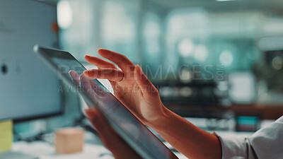 Buy stock photo Tablet, research and hands of businesswoman in office for online review at magazine agency. Scroll, digital technology and female editor working on creative project for journalism career in workplace