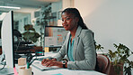 Business, typing and black woman in office, computer and smile with internet, fashion magazine and editing. African person, journalist and employee in workplace, pc and research for article and email
