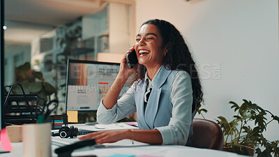 Buy stock photo Business, laughing and phone call with woman in publishing office for editing or update. Conversation, feedback and review with funny editor or employee in professional workplace for negotiation