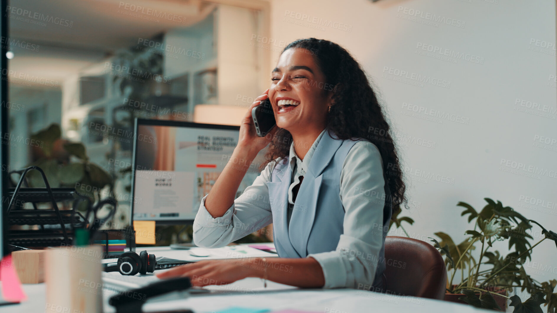 Buy stock photo Business, laughing and phone call with woman in publishing office for editing or update. Conversation, feedback and review with funny editor or employee in professional workplace for negotiation
