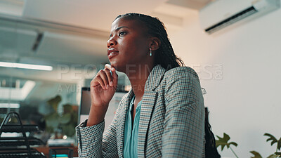 Buy stock photo Thinking, confused and black woman in office with planning, decision or choice for company investment. Brainstorming, low angle and African female financial manager with ideas for corporate budget.