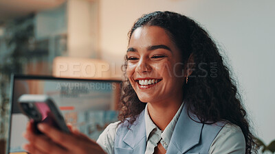 Buy stock photo Woman, phone and reading in office for project, admin and review for social media proposal. Person, smile and happy for research, planning and feedback for perspective at creative agency management