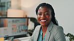 Office, editor and portrait of business black woman on computer for digital magazine, publishing and journalism. Creative, media agency and person online for article, publication report or research