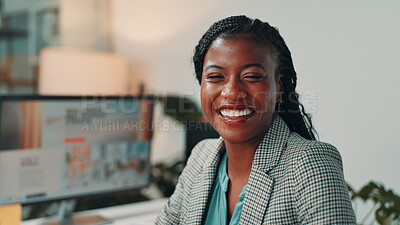 Office, editor and portrait of business black woman on computer for digital magazine, publishing and journalism. Creative, media agency and person online for article, publication report or research