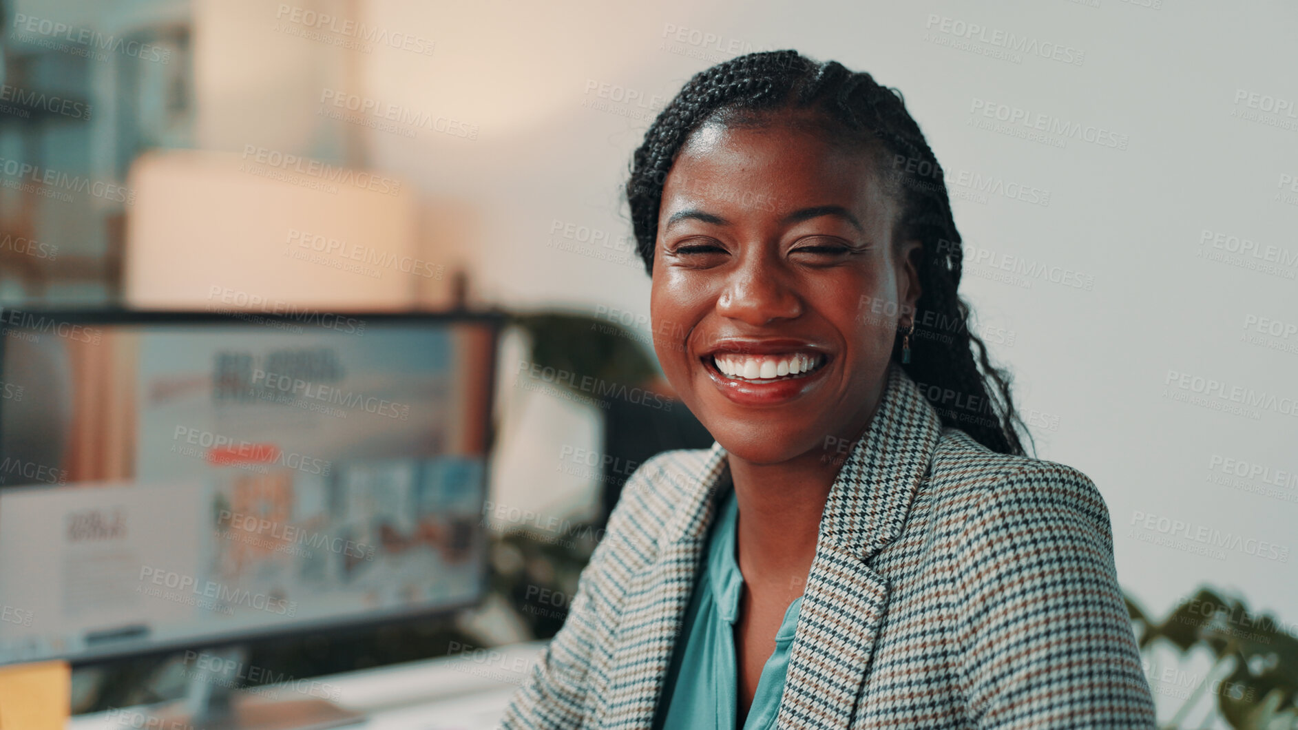 Buy stock photo Office, editor and portrait of business black woman on computer for digital magazine, publishing and journalism. Creative, media agency and person online for article, publication report or research