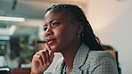 Brainstorming, confused and black woman in office with planning, decision or choice for company investment. Thinking, professional and African female financial manager with ideas for corporate budget