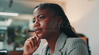 Buy stock photo Brainstorming, confused and black woman in office with planning, decision or choice for company investment. Thinking, professional and African female financial manager with ideas for corporate budget