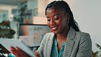 Tablet, research and black woman in office with reading for online review at magazine agency. Happy, digital technology and female editor working on creative project for with journalism career.