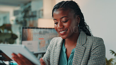 Buy stock photo Tablet, research and black woman in office with reading for online review at magazine agency. Happy, digital technology and female editor working on creative project for with journalism career.