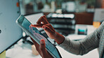 Tablet, hands and businesswoman in office with online for review at magazine agency. Scrolling, digital technology and female editor working on creative project for journalism career in workplace.