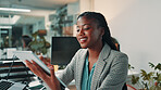 Tablet, happy and businesswoman in office with reading for online review at magazine agency. Research, digital technology and female editor working on creative project with journalism career.