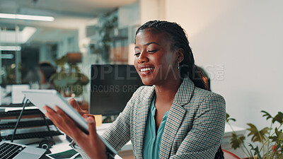 Buy stock photo Tablet, happy and businesswoman in office with reading for online review at magazine agency. Research, digital technology and female editor working on creative project with journalism career.