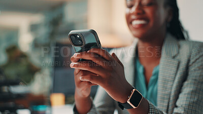 Buy stock photo Cellphone, hands and black woman in office with contact, social networking or email for business deal. Phone, professional and African female financial advisor with online report for investment.