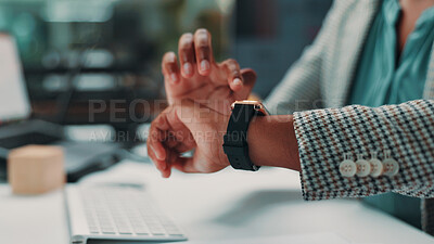 Buy stock photo Checking, time and person with watch, office and overtime for employee with deadline, night and hands. Business, workaholic and accountant with tech for schedule, planning or working late for project