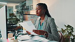Business, computer and black woman with document, online reading and email with proposal. Person, journalist and editor in modern office, research for article and internet with fashion report and pc