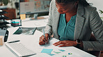 Black woman, documents and notes by computer in office for project, admin and review for proposal. Person, paperwork and graphs for research, planning or feedback for perspective at creative agency