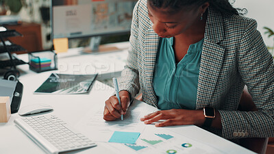 Buy stock photo Black woman, documents and notes by computer in office for project, admin and review for proposal. Person, paperwork and graphs for research, planning or feedback for perspective at creative agency