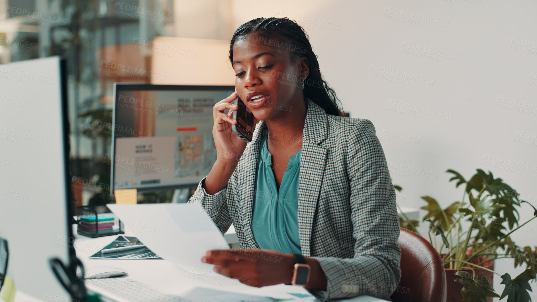 Buy stock photo Documents, phone call and proofreading with business black woman in office for administration or update. Conversation, feedback and review with serious African employee in workplace for negotiation