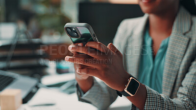 Buy stock photo Phone, hands and black woman in office with contact, social networking or email for business deal. Cellphone, professional and African female financial advisor with online report for investment.